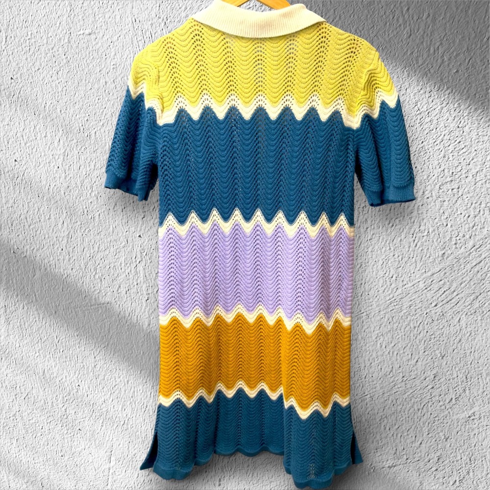 Heartloom Crochet Knit Polo Dress M Colorblock Zig Zag Stripe Cotton Retro Mod - Picture 3 of 14